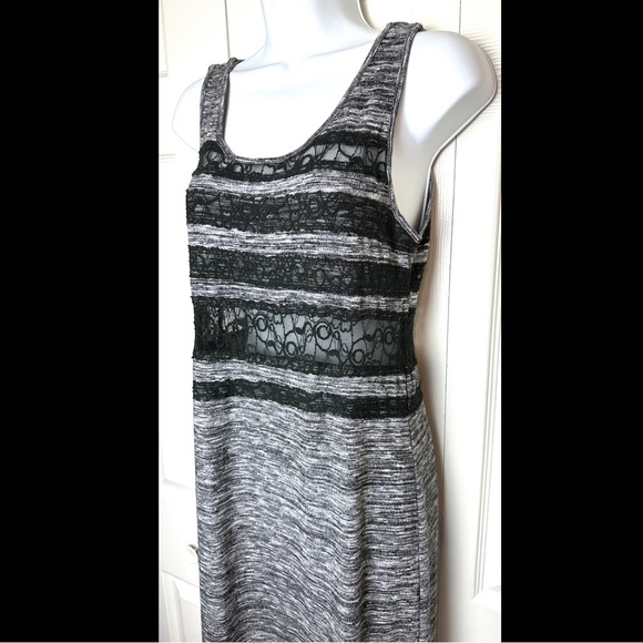 FREE PEOPLE Hazy Days Maxi Dress Black Gray Space Dye Marled Knit Lace Inset - Picture 6 of 12